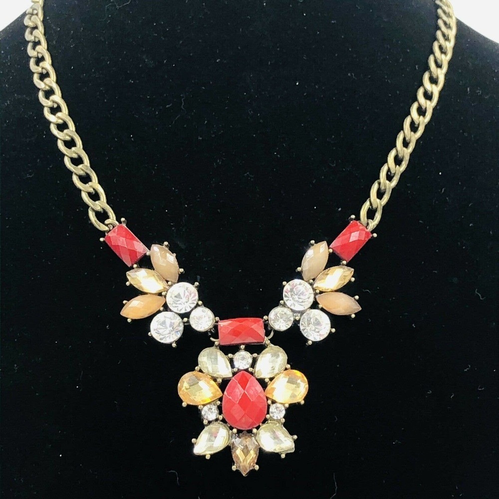 Necklace Statement Multicolor Red Gold Rhinestone